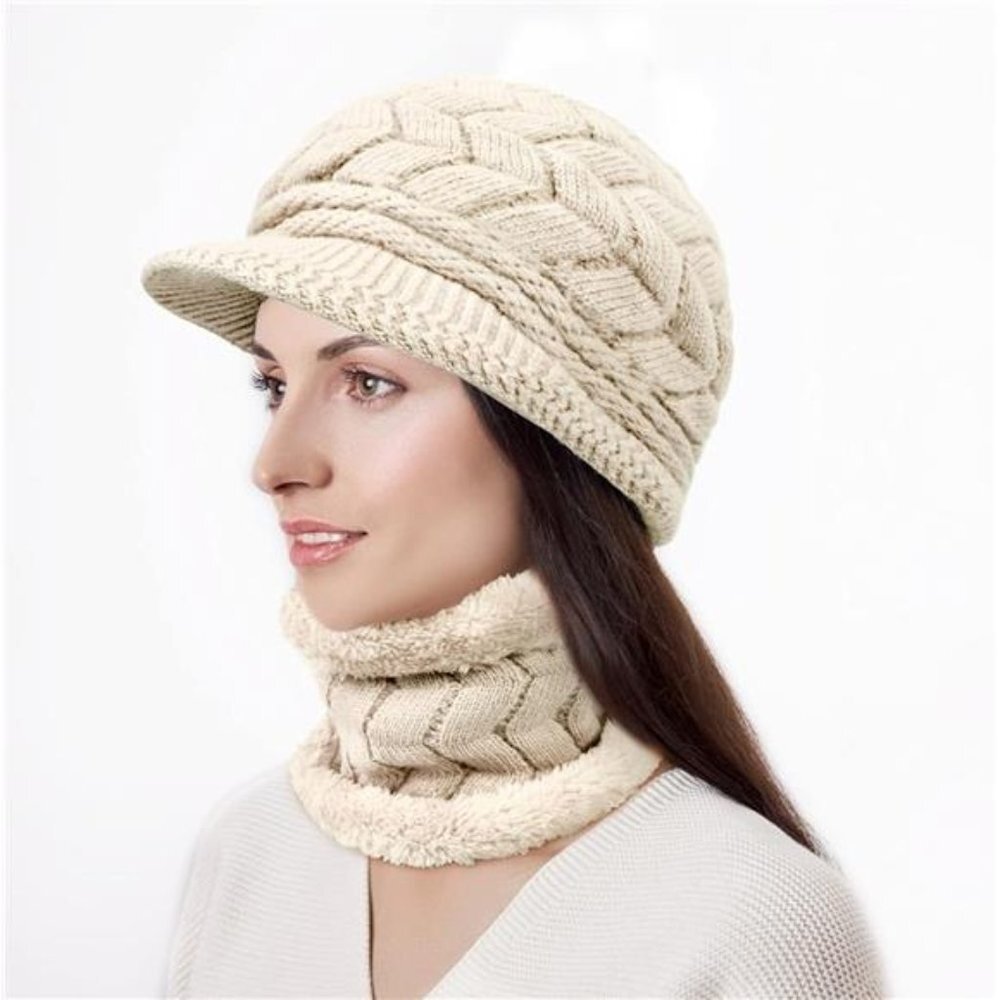 3-Pieces Knit Winter Hat Gloves Scarf Set Beanie Neck Warmer Touch Screen Cream